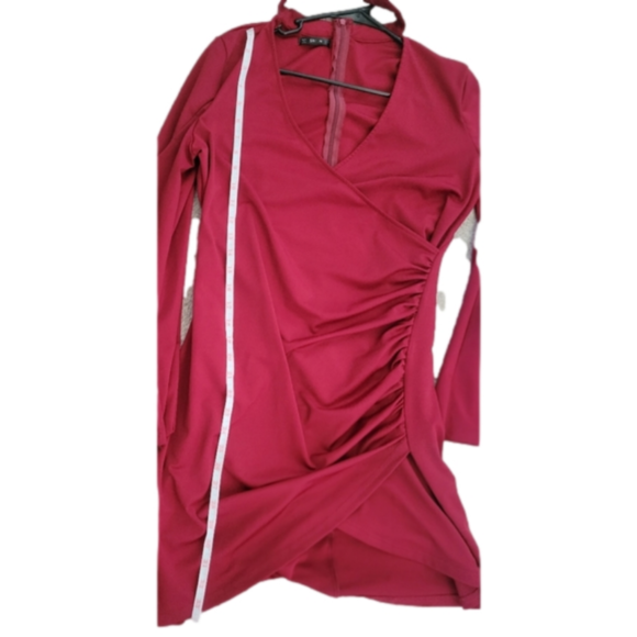 *sold*Shein Wrap Ruched Split Sleeve Solid Dress Red bloggers Fav - Picture 5 of 6
